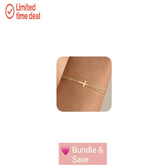 14K Gold Plated Cross Bracelet with Pearl Beads, Adjustable 9 Inch - Picture 1 of 7